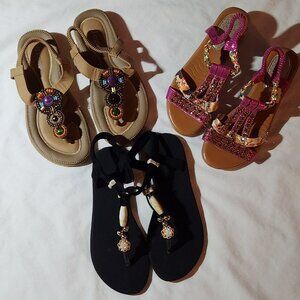 Lot of three pair beaded sandals sz 6 sz 36 beige black bright pink EUC or NEW